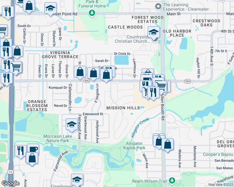 map of restaurants, bars, coffee shops, grocery stores, and more near 1513 Mission Hills Boulevard in Clearwater