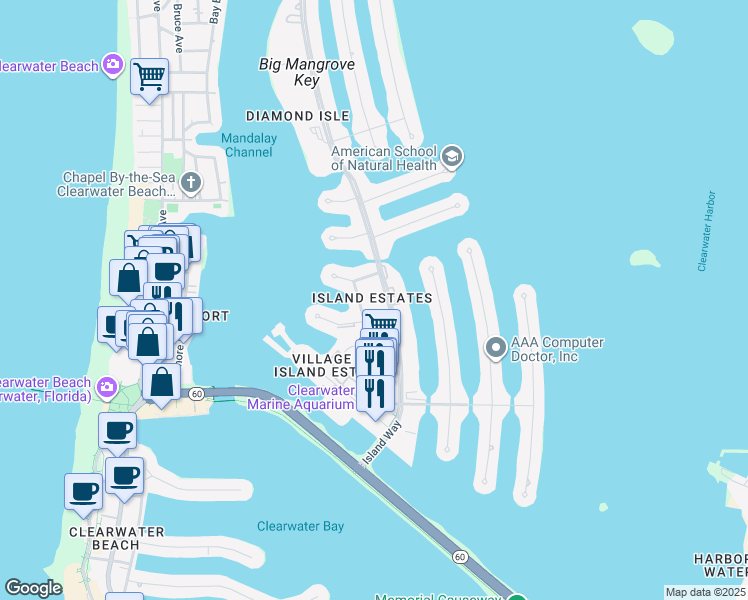 map of restaurants, bars, coffee shops, grocery stores, and more near 310 Island Way in Clearwater