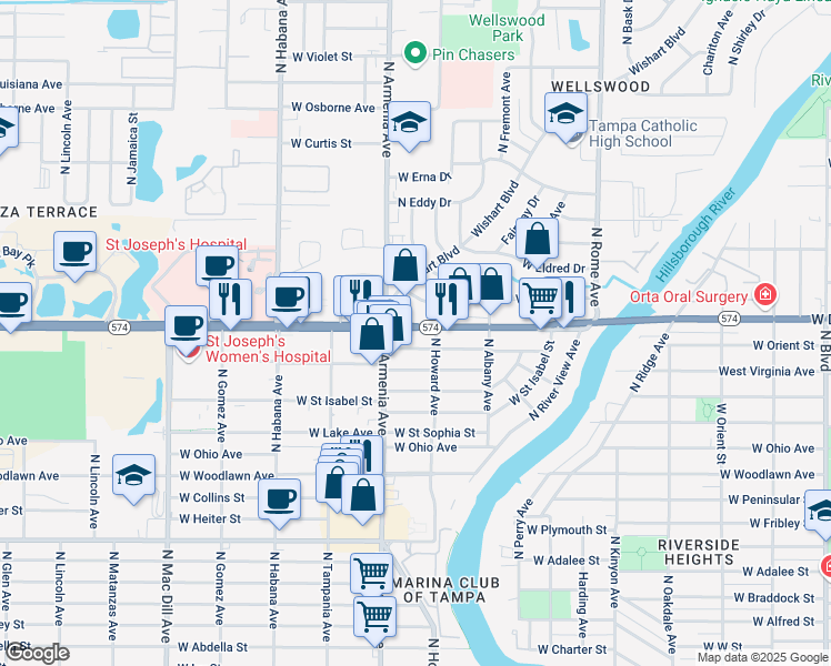map of restaurants, bars, coffee shops, grocery stores, and more near 2314 West Martin Luther King Junior Boulevard in Tampa
