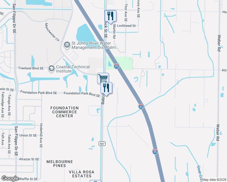 map of restaurants, bars, coffee shops, grocery stores, and more near 6625 Babcock Street Southeast in Malabar