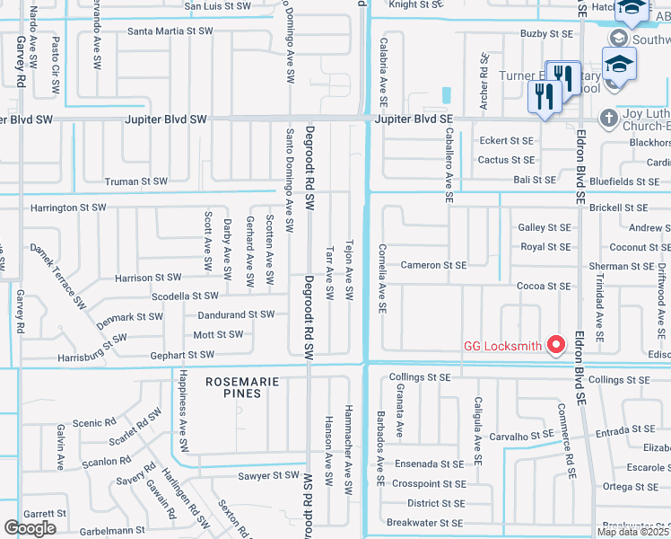 map of restaurants, bars, coffee shops, grocery stores, and more near 141 Scotch Street Southwest in Palm Bay