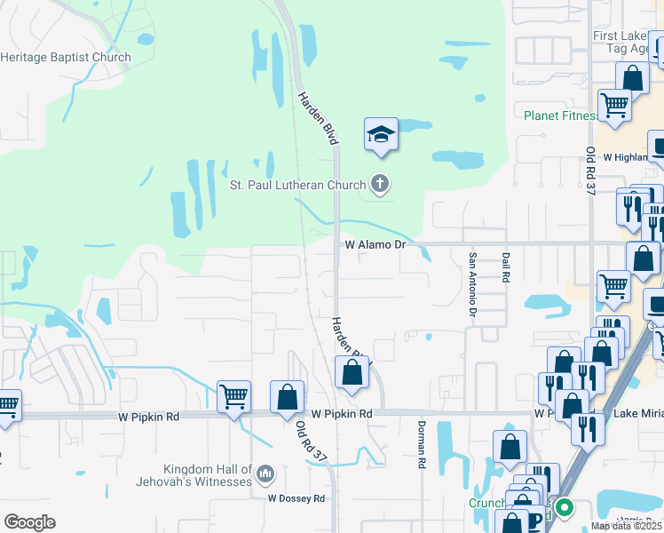 map of restaurants, bars, coffee shops, grocery stores, and more near 1005 Harden Court in Lakeland