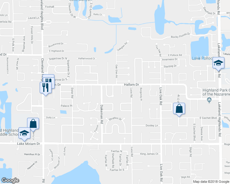 map of restaurants, bars, coffee shops, grocery stores, and more near 4630 Valley View Drive East in Lakeland