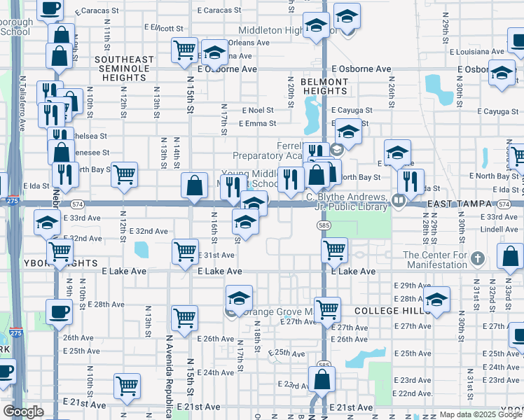 map of restaurants, bars, coffee shops, grocery stores, and more near 1807 East Doctor Martin Luther King Junior Boulevard in Tampa