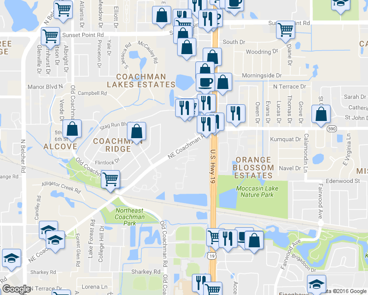 map of restaurants, bars, coffee shops, grocery stores, and more near 2527 Northeast Coachman Road in Clearwater
