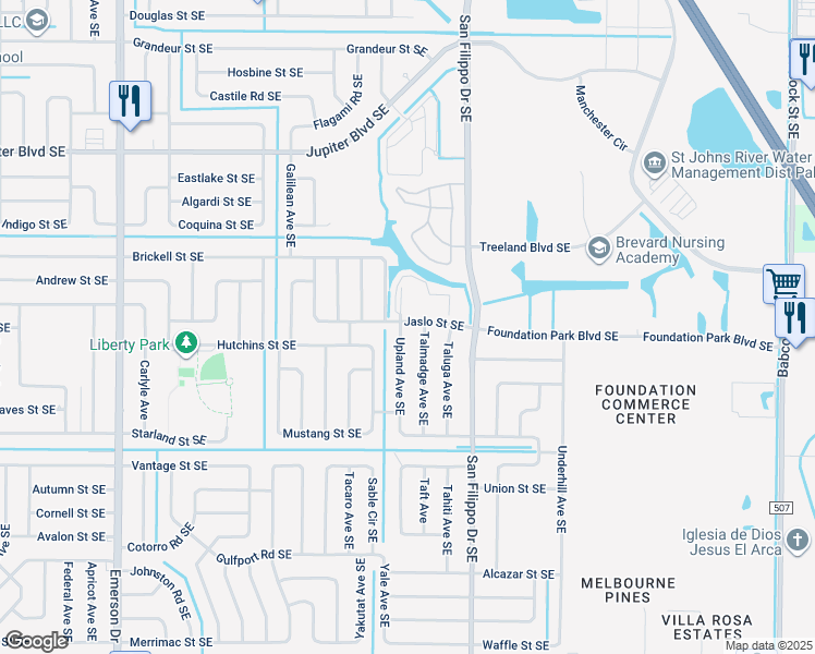 map of restaurants, bars, coffee shops, grocery stores, and more near 701 Upland Avenue Southeast in Palm Bay