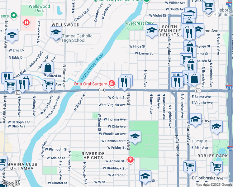 map of restaurants, bars, coffee shops, grocery stores, and more near 803 West Orient Street in Tampa