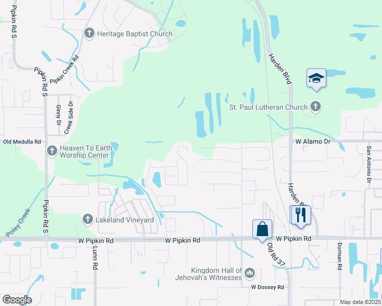 map of restaurants, bars, coffee shops, grocery stores, and more near 1305 Bramblewood Drive in Lakeland