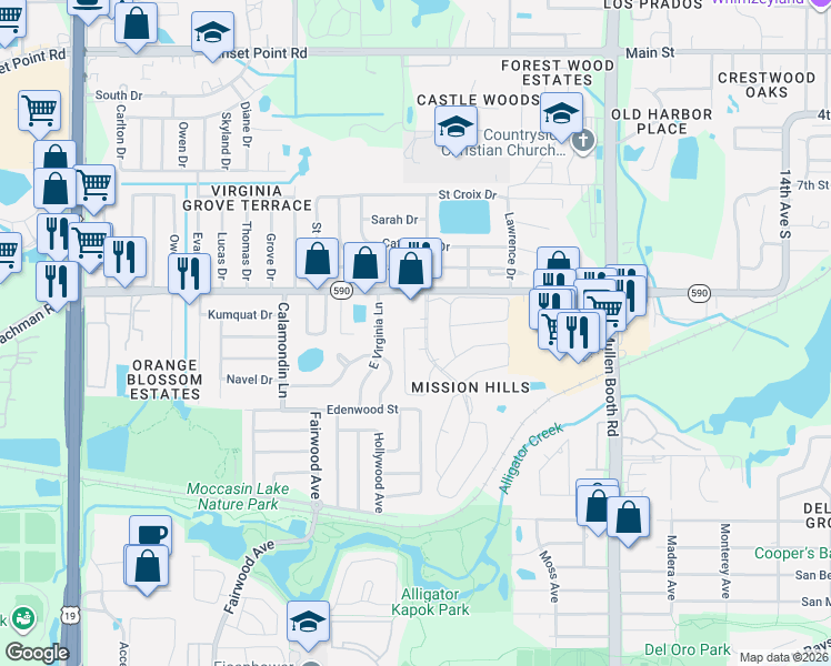 map of restaurants, bars, coffee shops, grocery stores, and more near 1513 Mission Hills Boulevard in Clearwater