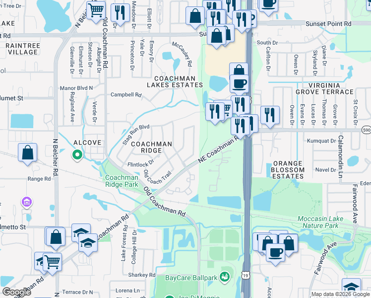 map of restaurants, bars, coffee shops, grocery stores, and more near 1565 Ridge Top Way in Clearwater
