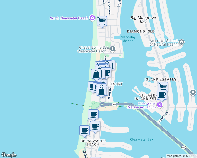 map of restaurants, bars, coffee shops, grocery stores, and more near 483 Mandalay Avenue in Clearwater