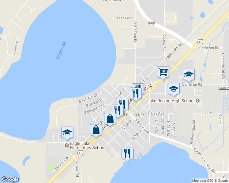 map of restaurants, bars, coffee shops, grocery stores, and more near 62 North 1st Street in Eagle Lake