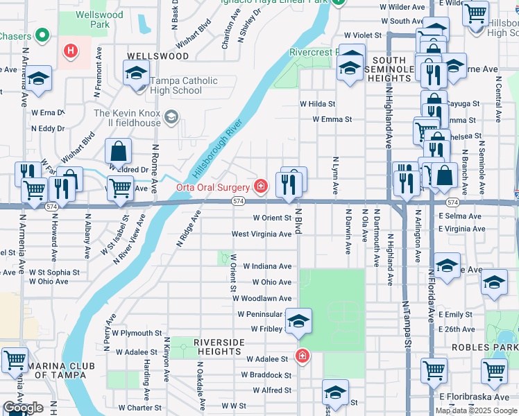 map of restaurants, bars, coffee shops, grocery stores, and more near 803 West Orient Street in Tampa
