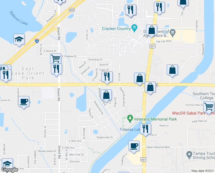 map of restaurants, bars, coffee shops, grocery stores, and more near 8011 East Doctor Martin Luther King Junior Boulevard in Tampa