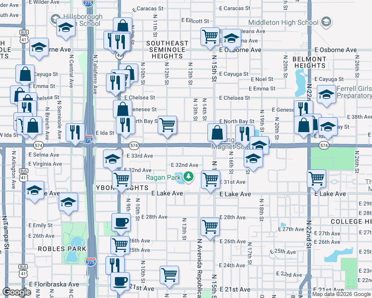 map of restaurants, bars, coffee shops, grocery stores, and more near 1219 East Drive Martin Luther King Junior Boulevard in Tampa