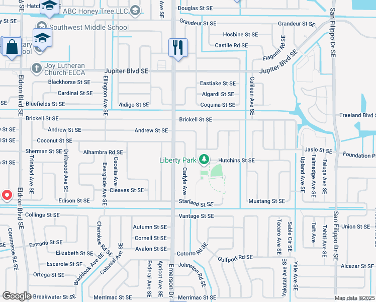 map of restaurants, bars, coffee shops, grocery stores, and more near 721 Carlyle Avenue in Palm Bay
