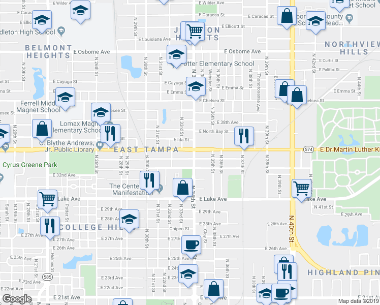 map of restaurants, bars, coffee shops, grocery stores, and more near 3309 East Doctor Martin Luther King Junior Boulevard in Tampa