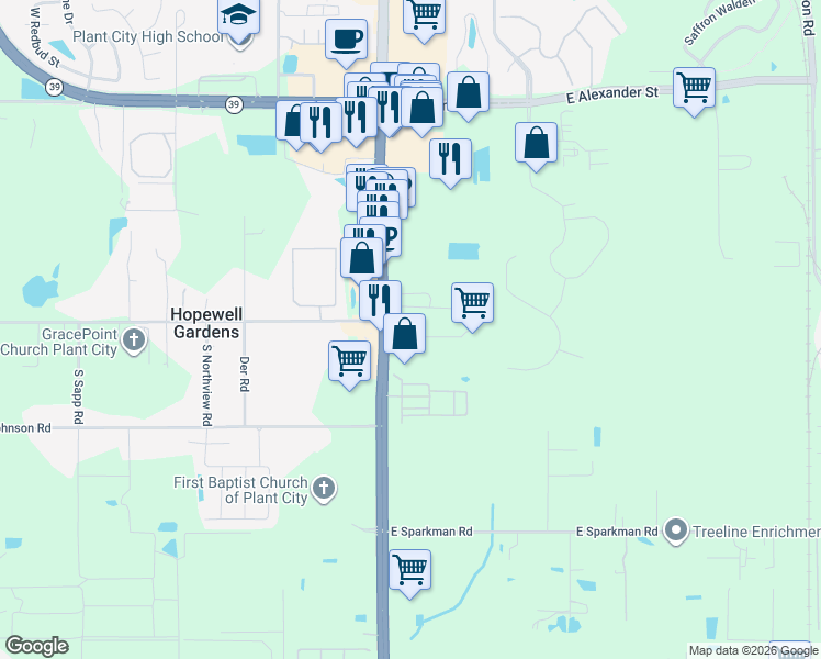 map of restaurants, bars, coffee shops, grocery stores, and more near 106 East Rayburn Road in Plant City