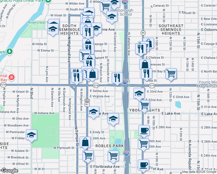 map of restaurants, bars, coffee shops, grocery stores, and more near 404 East Selma Avenue in Tampa