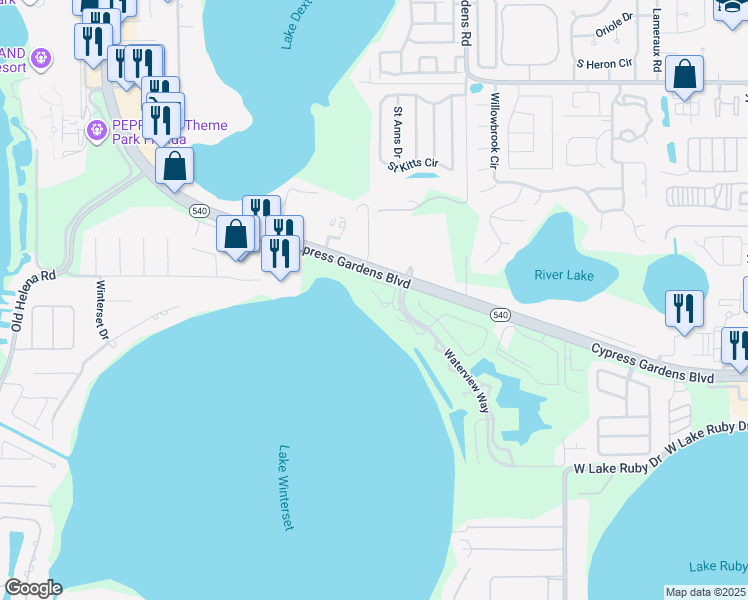 map of restaurants, bars, coffee shops, grocery stores, and more near 75 Sunset View Drive in Winter Haven