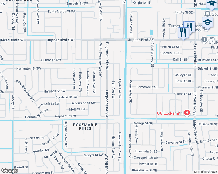 map of restaurants, bars, coffee shops, grocery stores, and more near 773 Degroodt Road Southwest in Palm Bay