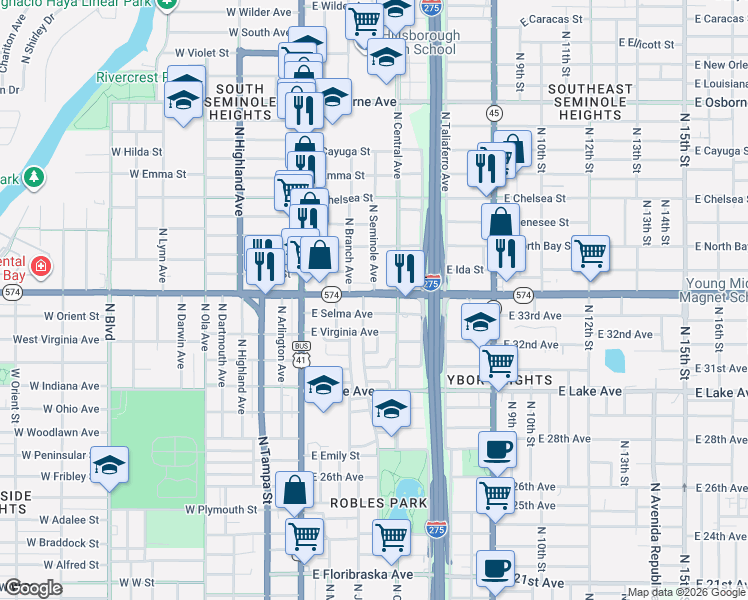 map of restaurants, bars, coffee shops, grocery stores, and more near 404 East Selma Avenue in Tampa