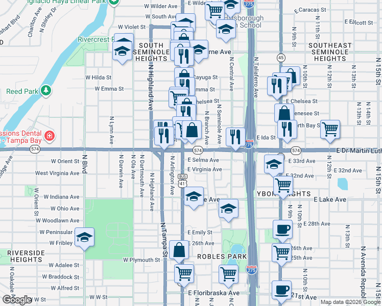 map of restaurants, bars, coffee shops, grocery stores, and more near 3908 North Suwanee Avenue in Tampa