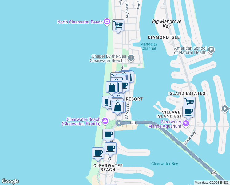 map of restaurants, bars, coffee shops, grocery stores, and more near 483 Mandalay Avenue in Clearwater