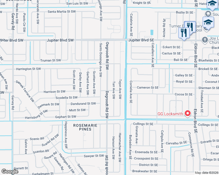 map of restaurants, bars, coffee shops, grocery stores, and more near 773 Degroodt Road Southwest in Palm Bay