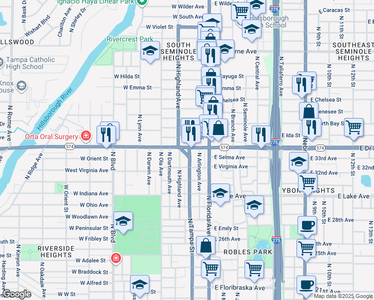 map of restaurants, bars, coffee shops, grocery stores, and more near 3921 North Tampa Street in Tampa