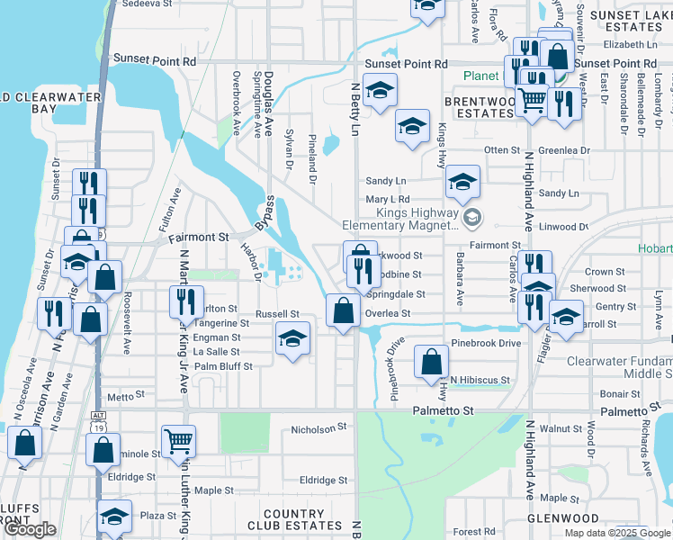 map of restaurants, bars, coffee shops, grocery stores, and more near 1221 Stockton Drive in Clearwater