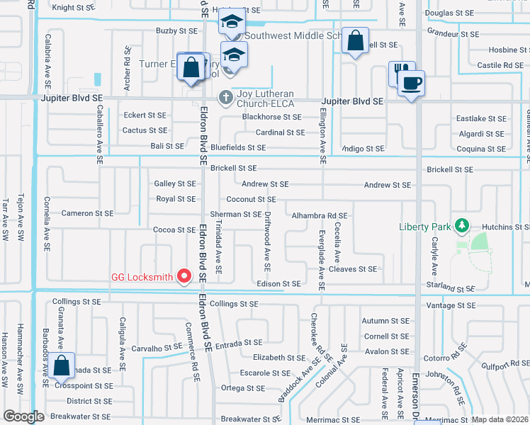 map of restaurants, bars, coffee shops, grocery stores, and more near 590 Sherman Street Southeast in Palm Bay