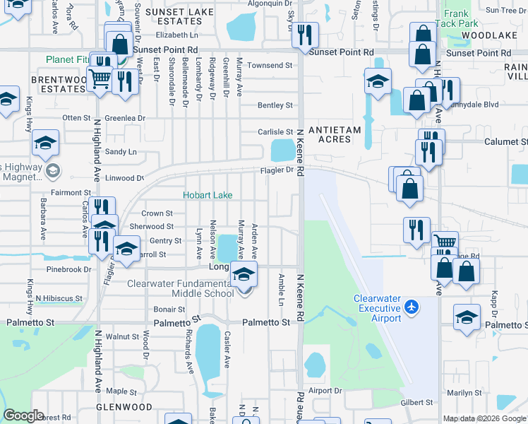 map of restaurants, bars, coffee shops, grocery stores, and more near 1405 Arden Avenue in Clearwater