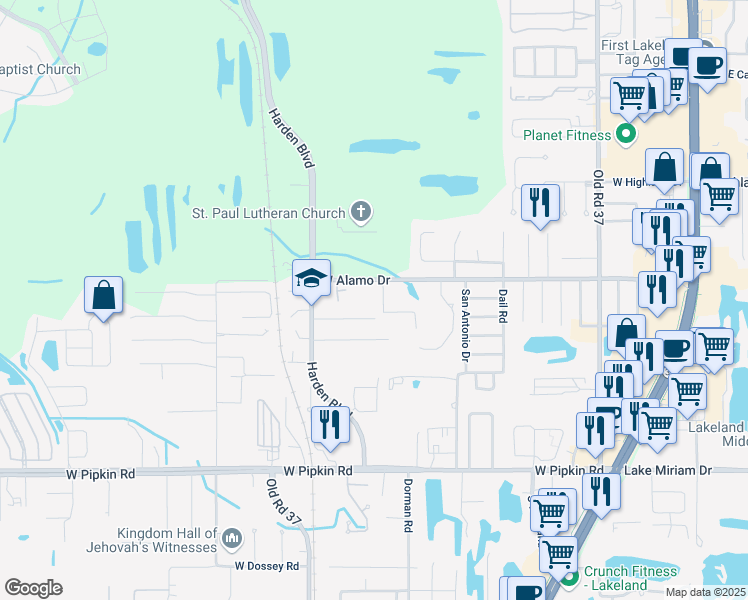 map of restaurants, bars, coffee shops, grocery stores, and more near 4635 Sandy Lane in Lakeland