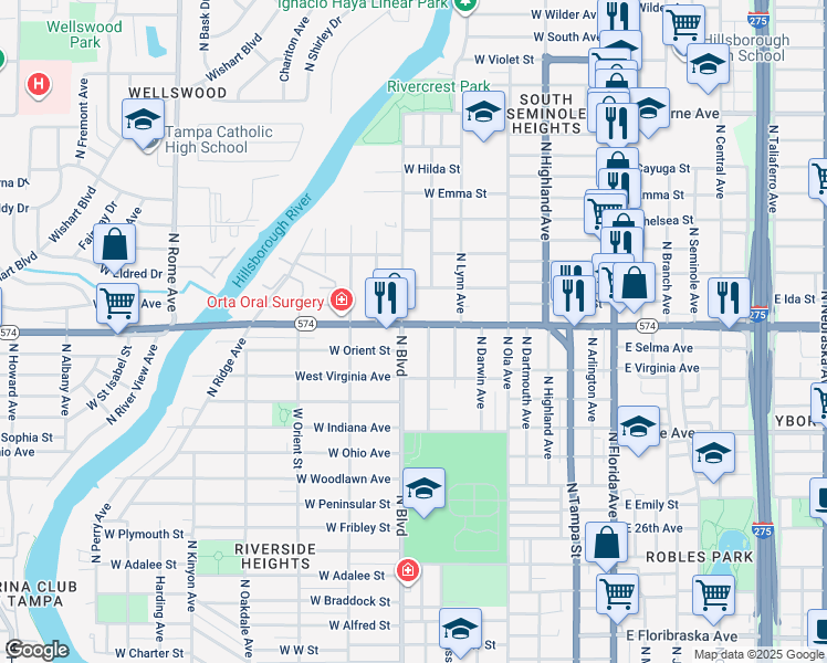 map of restaurants, bars, coffee shops, grocery stores, and more near in Tampa