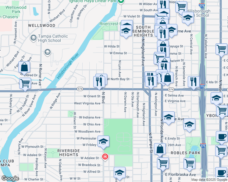map of restaurants, bars, coffee shops, grocery stores, and more near 3917 North Lynn Avenue in Tampa