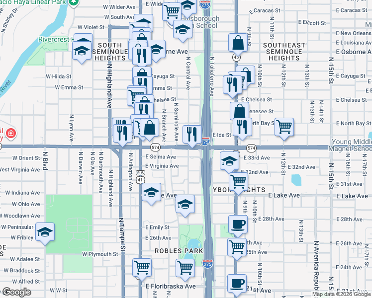 map of restaurants, bars, coffee shops, grocery stores, and more near 415 E Dr Martin Luther King Jr Blvd in Tampa