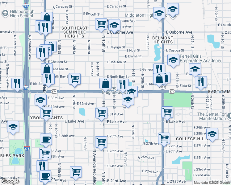 map of restaurants, bars, coffee shops, grocery stores, and more near 1613 East Martin Luther King Junior Boulevard in Tampa