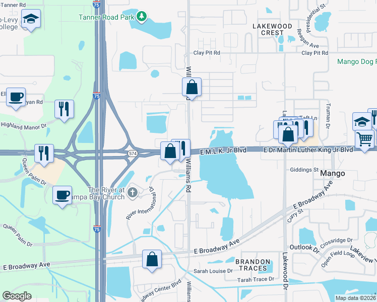 map of restaurants, bars, coffee shops, grocery stores, and more near E Dr Martin Luther King Jr Blvd & Williams Rd in Mango