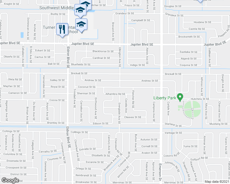 map of restaurants, bars, coffee shops, grocery stores, and more near 701 Arabia Road Southeast in Palm Bay