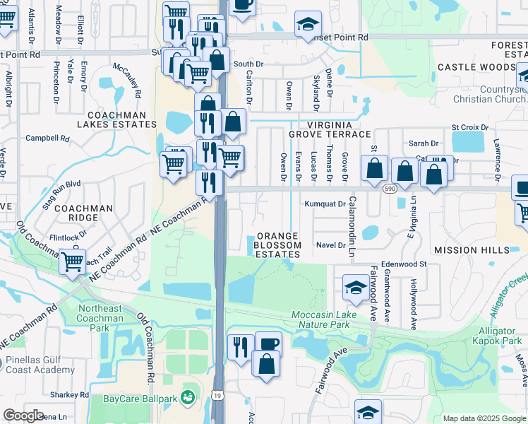 map of restaurants, bars, coffee shops, grocery stores, and more near 1554 Owen Drive in Clearwater