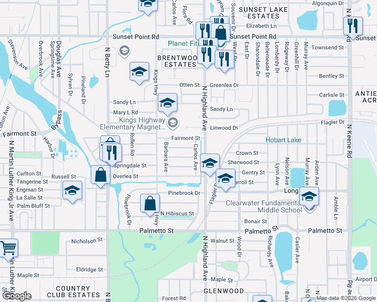 map of restaurants, bars, coffee shops, grocery stores, and more near 1446 Woodbine Street in Clearwater