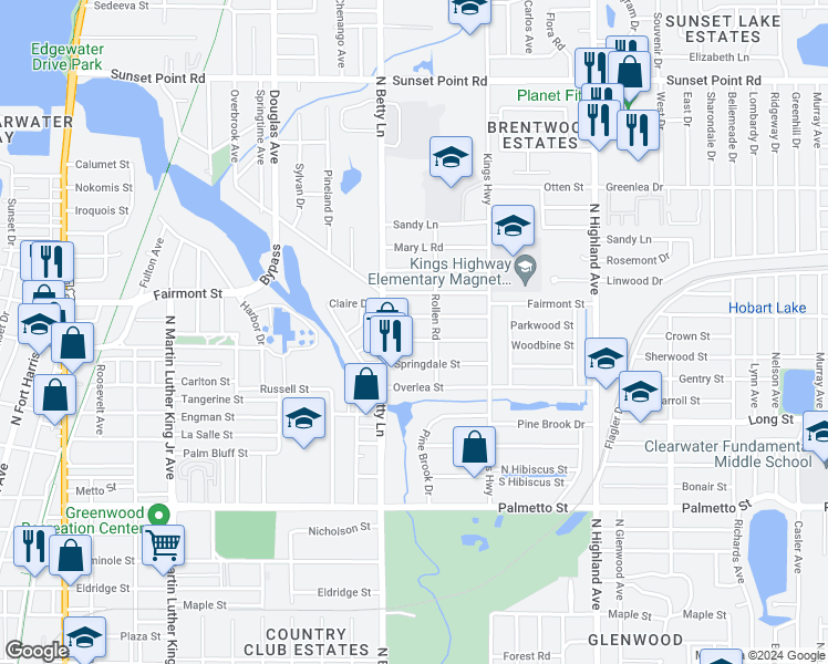 map of restaurants, bars, coffee shops, grocery stores, and more near 1329 Woodbine Street in Clearwater