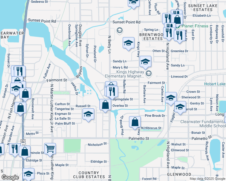 map of restaurants, bars, coffee shops, grocery stores, and more near in Clearwater