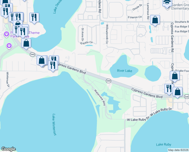 map of restaurants, bars, coffee shops, grocery stores, and more near 6442 Cypress Gardens Boulevard in Winter Haven