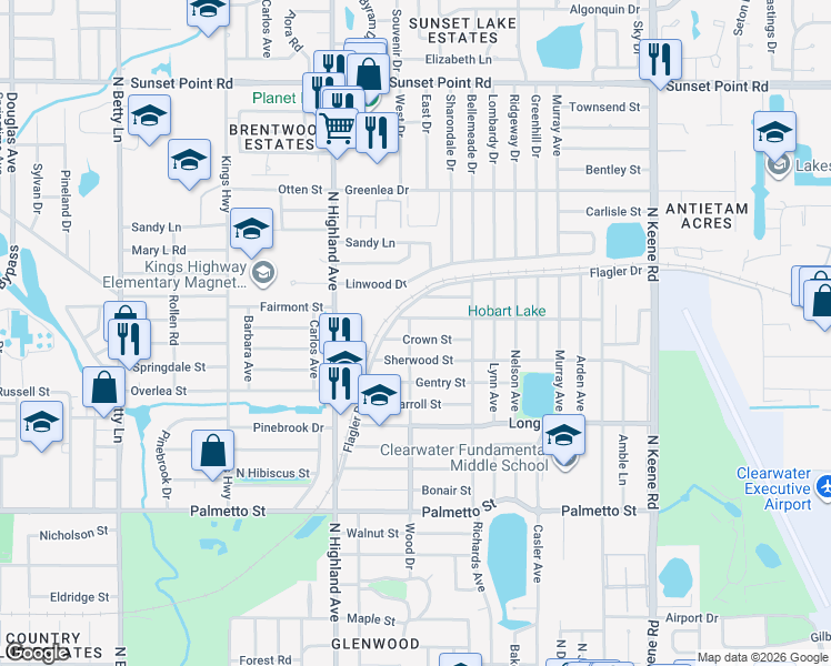 map of restaurants, bars, coffee shops, grocery stores, and more near 1415 Wood Avenue in Clearwater