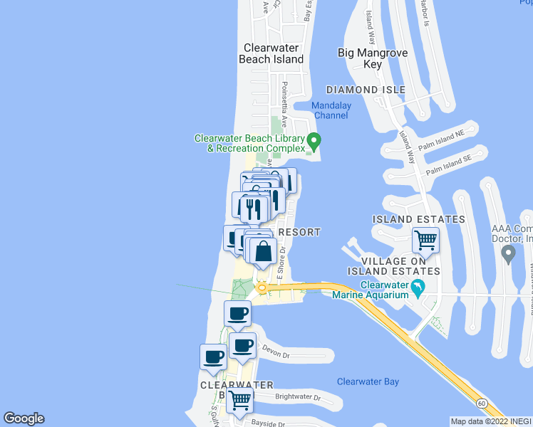 map of restaurants, bars, coffee shops, grocery stores, and more near 483 Mandalay Avenue in Clearwater