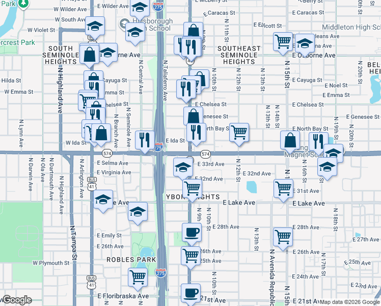 map of restaurants, bars, coffee shops, grocery stores, and more near 3001 West Doctor Martin Luther King Junior Boulevard in Tampa