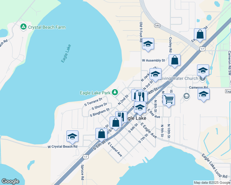 map of restaurants, bars, coffee shops, grocery stores, and more near 199 South Terrace Drive in Eagle Lake