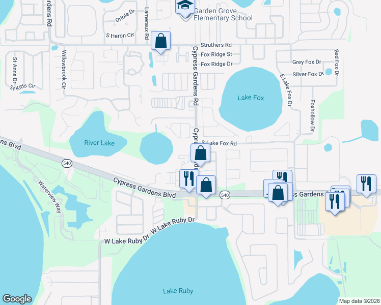 map of restaurants, bars, coffee shops, grocery stores, and more near 5840-5876 S Lake Daisy Rd in Winter Haven